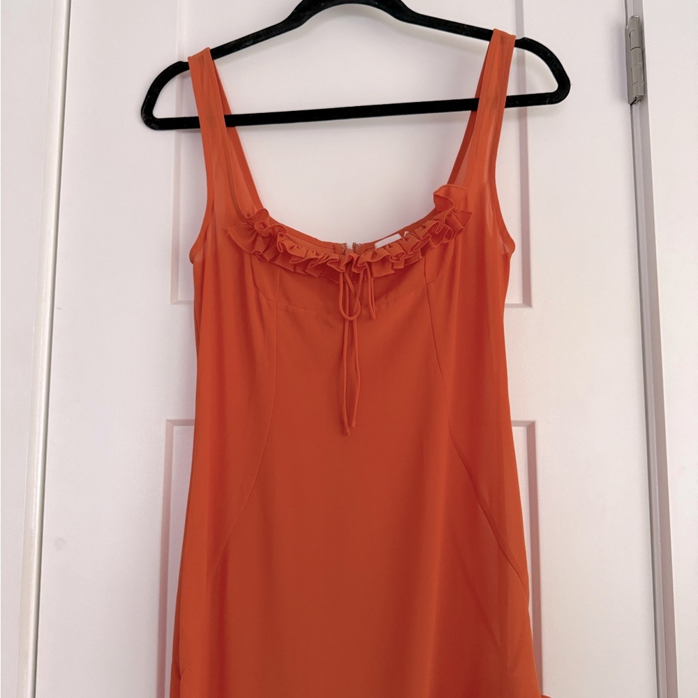 HELSA Sheer Ruffled Long Orange Dress - Picture 4 of 12
